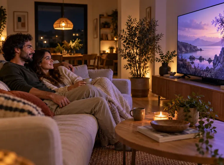 Casal a desfrutar de televisão num ambiente confortável